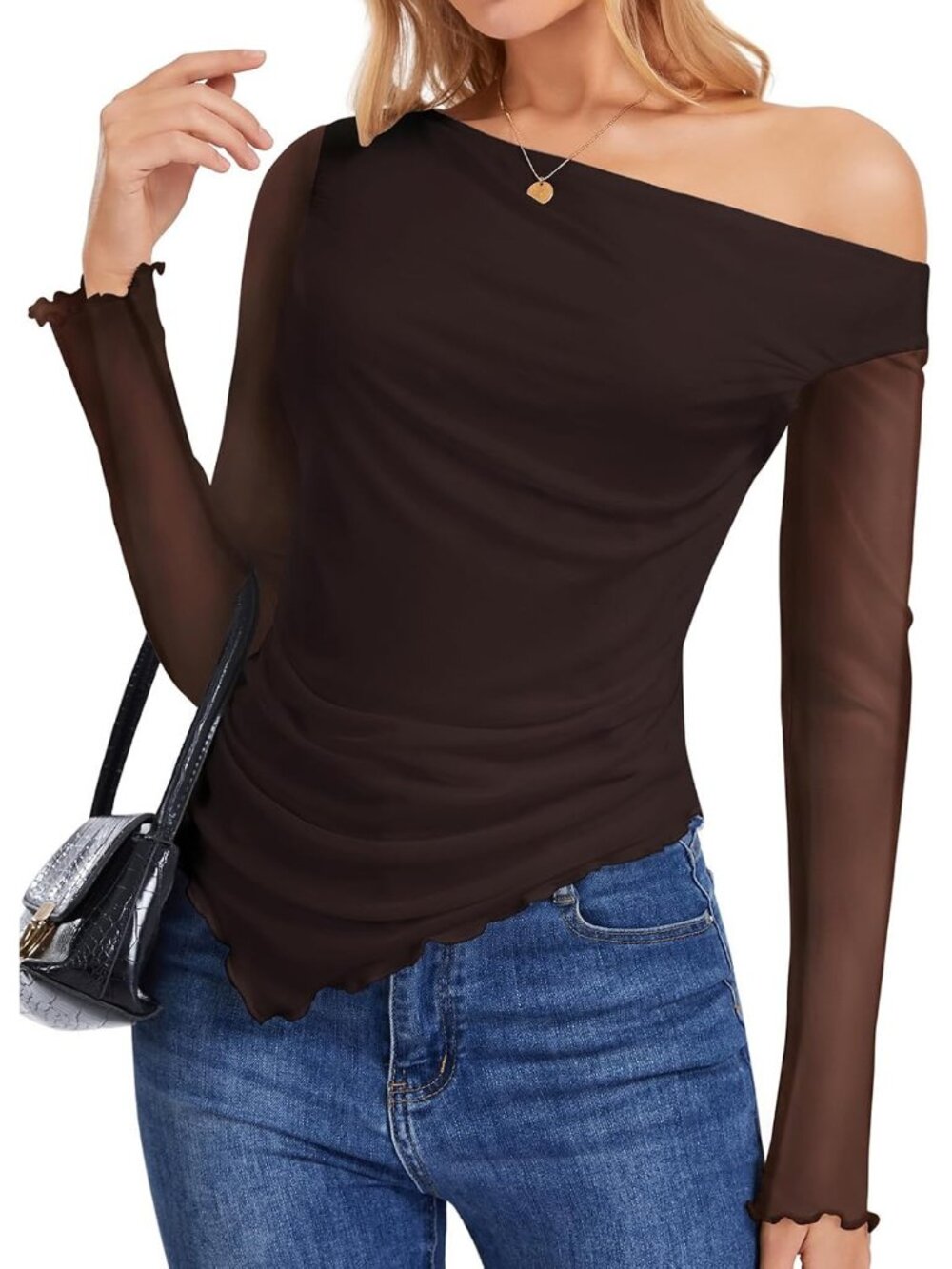 Women's Brown One Shoulder Long Sleeve Asymmetrical Hem Cropped Tight T Shirt